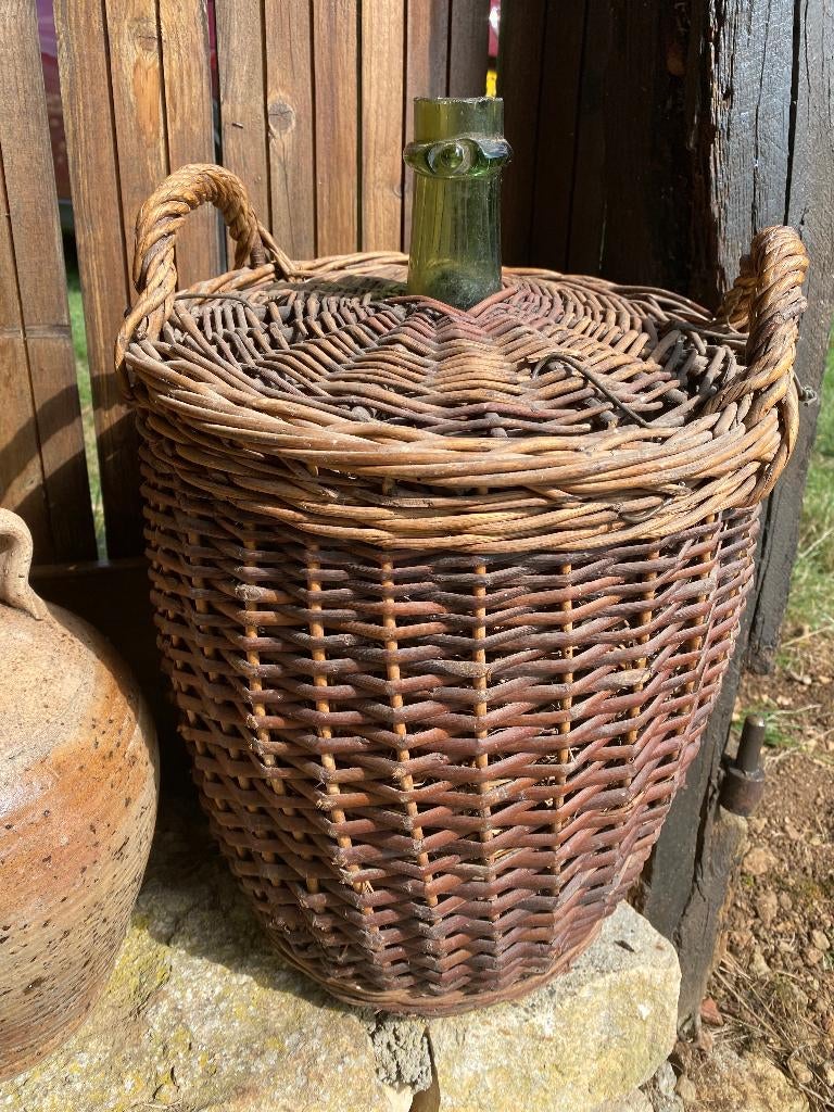 Brocante Franse gistfles in rieten mand - zeer gave staat, Antiek en Kunst, Curiosa en Brocante, Ophalen of Verzenden
