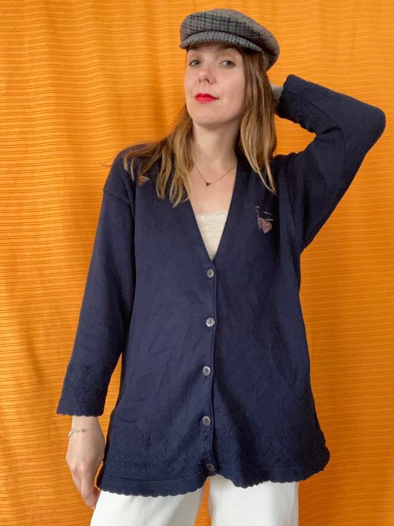 Vintage vest - donkerblauw - hartjes - 42/XL, Hgv, Blauw, Maat 42/44 (L), Ophalen of Verzenden