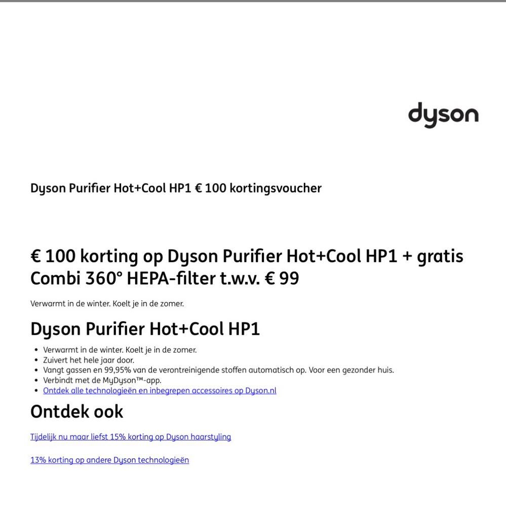 €100 Cadeaukaart, alleen op Dyson Purifier Hot+Cool HP1, Eén persoon, Cadeaubon