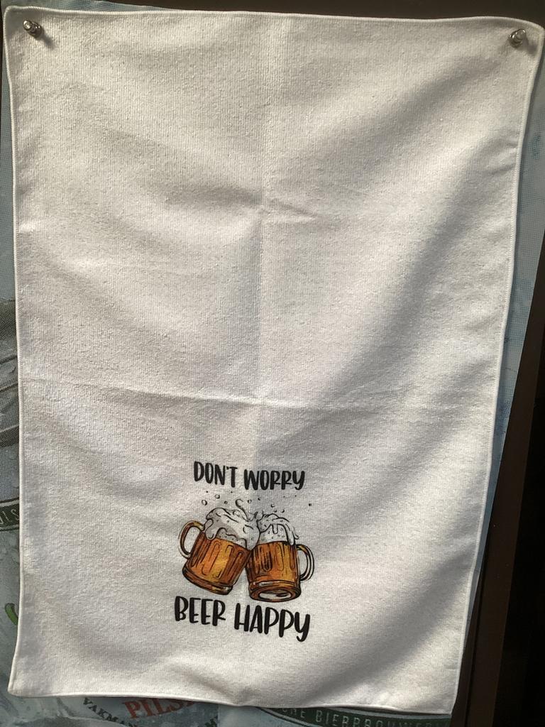 Leuke hand doek met happy bier, Verzamelen, Biermerken, Ophalen of Verzenden, Zo goed als nieuw, Overige merken