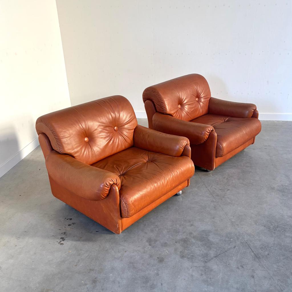 Vintage leren Italiaanse design fauteuils jaren 60 70, Ophalen, Gebruikt, 75 tot 100 cm, Italiaans design