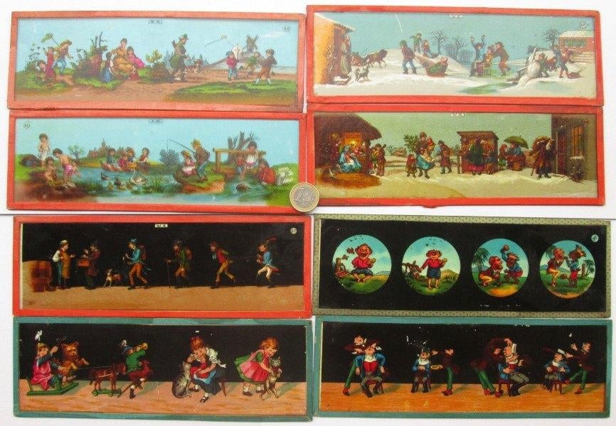 Nog 8 antieke toverlantaarn plaatjes, Ophalen of Verzenden