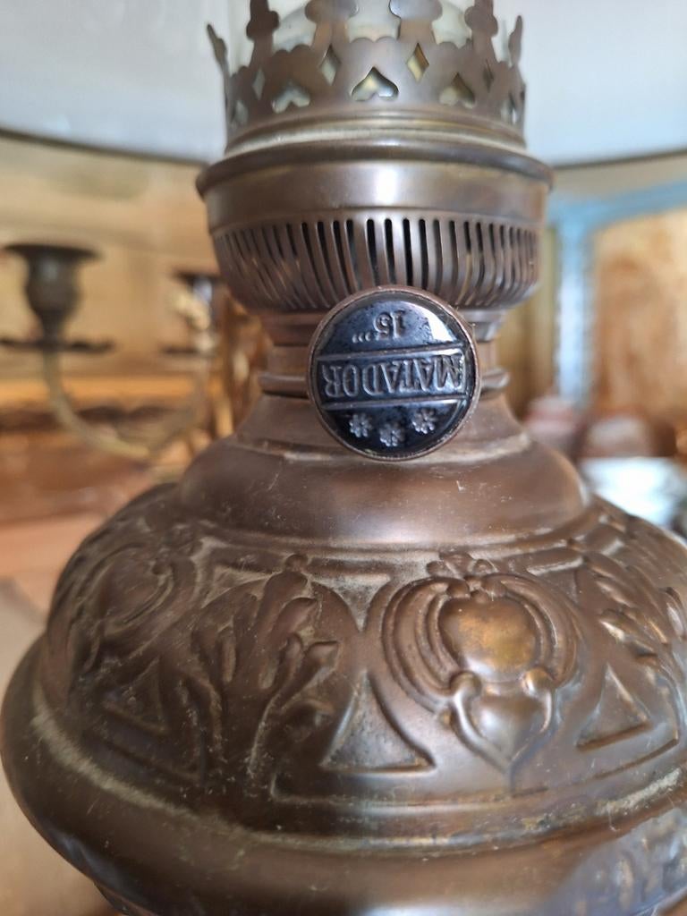 Antieke koperen olielamp / hanglamp – Louis XV stijl – Matad, Ophalen of Verzenden