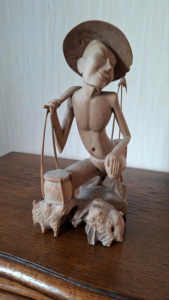 Uniek handgesneden houten beeldje van visser, Antiek en Kunst, Ophalen of Verzenden