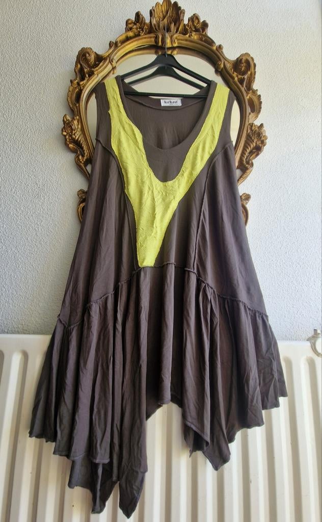 Als nieuw! Kekoo bruin groen lin katoen a symmetrisch tuniek, Bruin, Blouse of Tuniek, Ophalen of Verzenden, Zo goed als nieuw