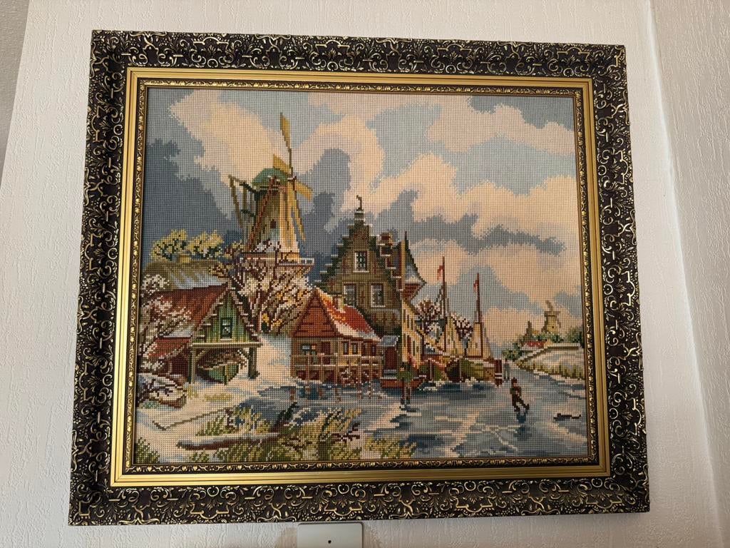 Vintage Hollands Winterlandschap Gobelin, in Baroklijst, Ophalen