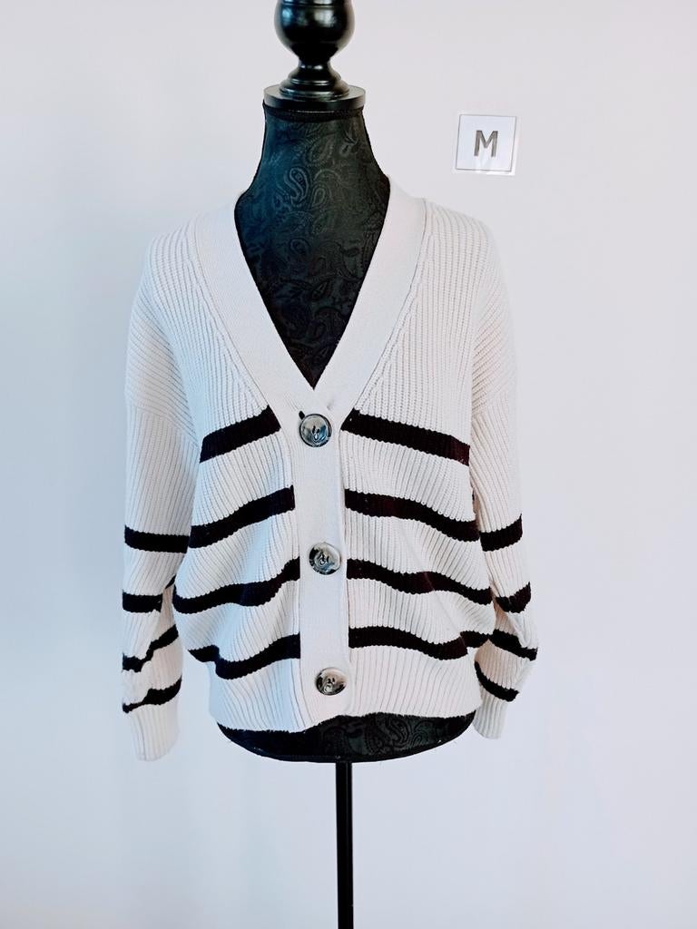 Trui. Vest met knopen. Wit met zwarte strepen. Maat M/38, Ophalen of Verzenden, Zo goed als nieuw, Maat 38/40 (M), Wit