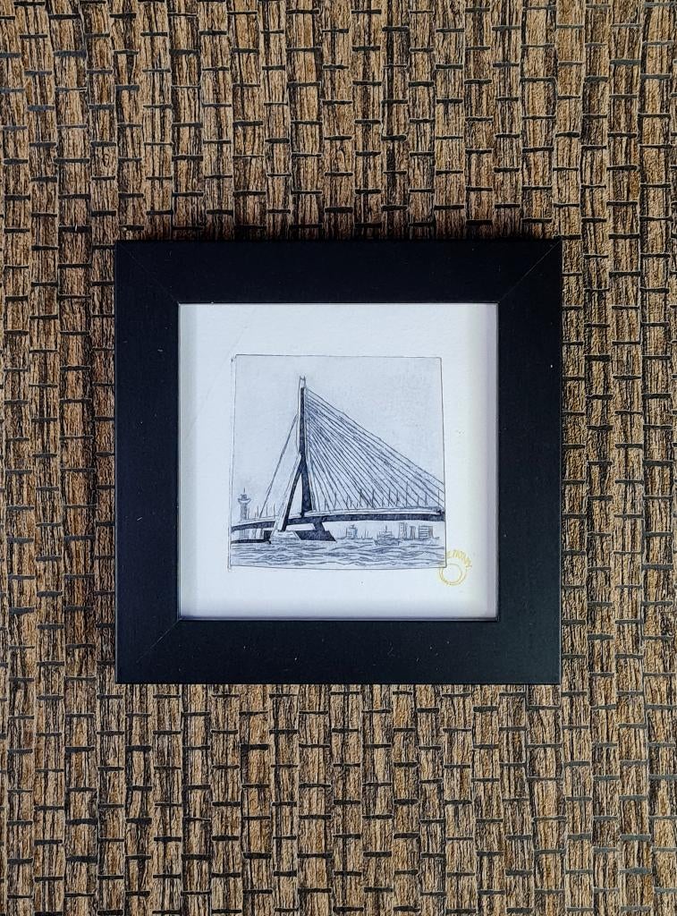 Ets Erasmusbrug Rotterdam 10x10 cm inclusief lijst, Minder dan 50 cm, Oorspronkelijke maker, Nieuw, Ophalen of Verzenden