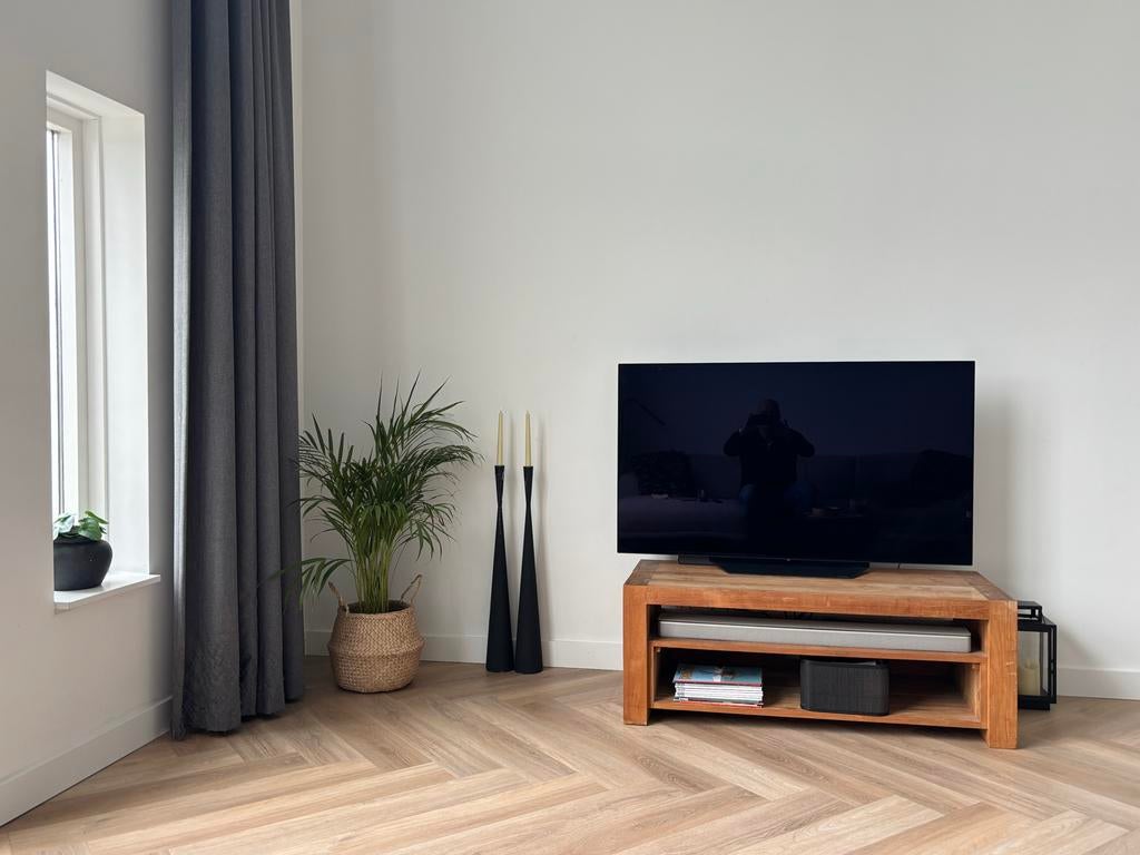 Teakhouten TV Meubel met Open Vakken, Huis en Inrichting, Kasten | Televisiemeubels, Ophalen, Gebruikt, 100 tot 150 cm, Teakhout