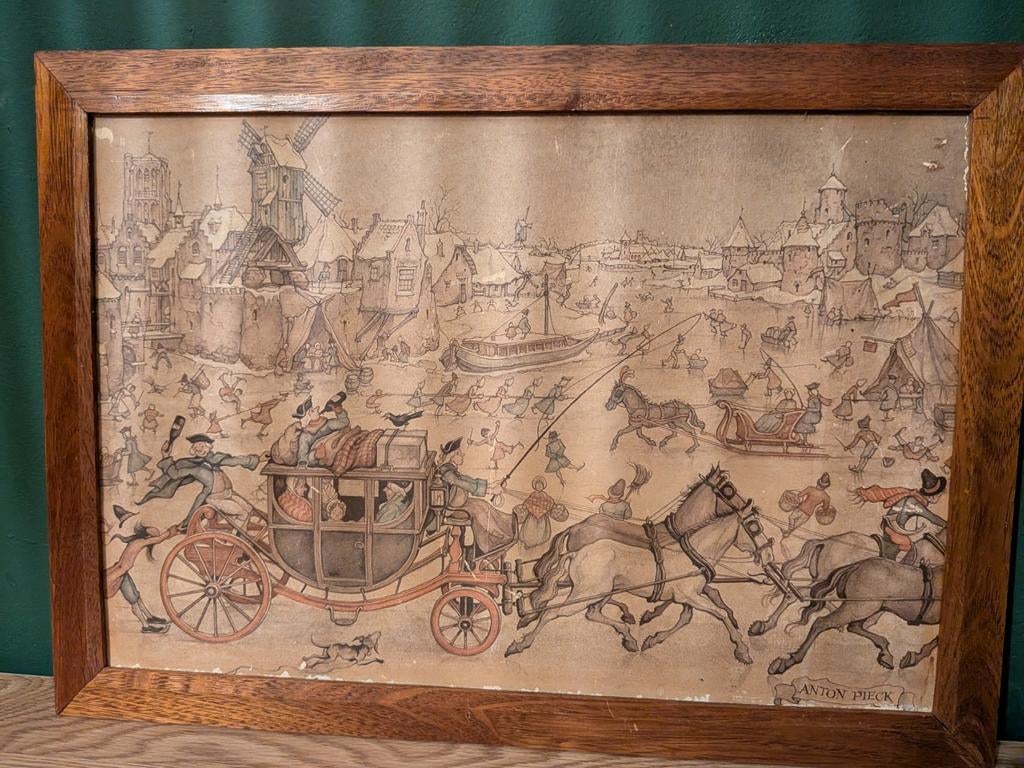 Anton Pieck Wintery Journey - Ingelijste Print, Antiek en Kunst, Kunst | Tekeningen en Foto's, Ophalen