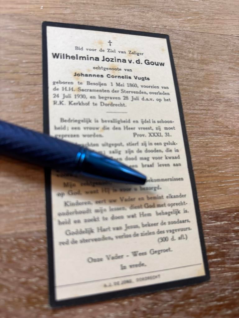 Gouw van der Wilhelmina 1860 Besoijen 1930 Dordrecht x Vugts, Ophalen of Verzenden, Bidprentje