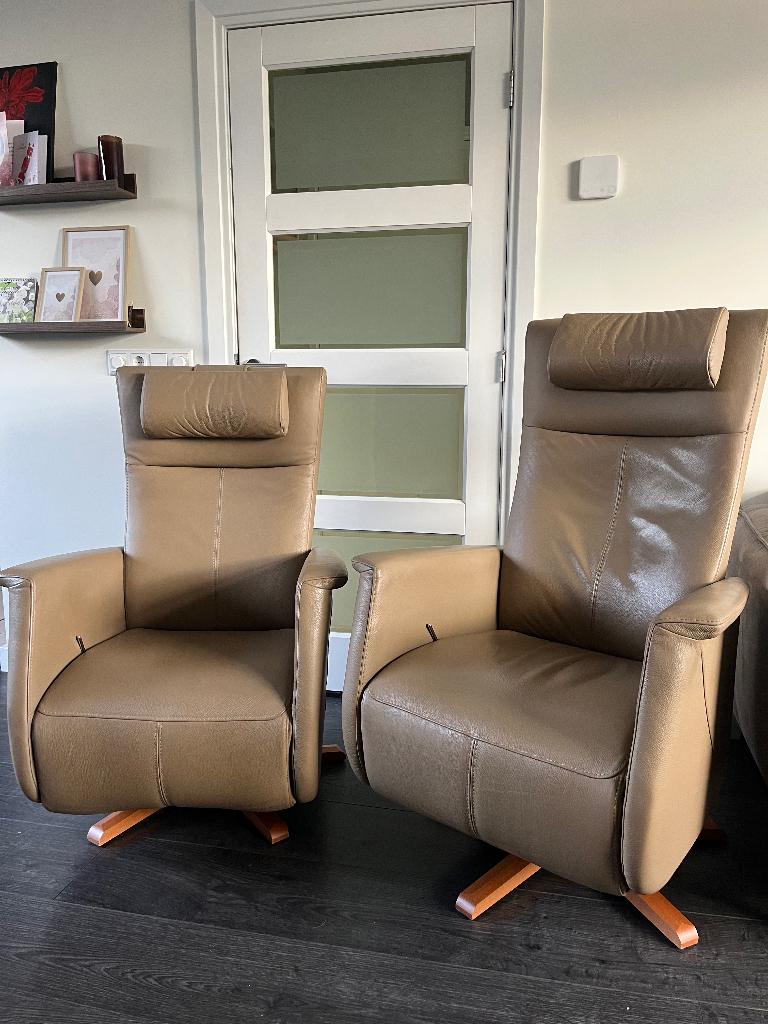 Setje 2 Prominent Relaxfauteuils Leer Taupe S en L Toscana, Huis en Inrichting, Fauteuils, Minder dan 75 cm, Leer, Ophalen of Verzenden