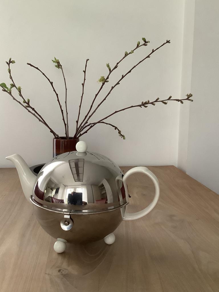 Mooie Engels aardewerk theepot met metalen thermomantel, Overige typen, Ophalen of Verzenden, Zo goed als nieuw, Overige stijlen