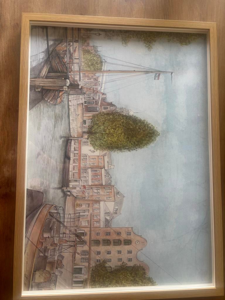 Ingelijste aquarel van Rob van der Louw - Grachtgezicht, Antiek en Kunst, Kunst | Schilderijen | Klassiek, Ophalen