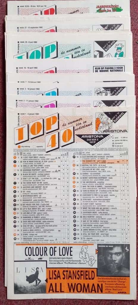 Top40 lijsten uit 1992 - 28e jaargang, Verzamelen, Tijdschriften, Kranten en Knipsels, Ophalen of Verzenden, 1980 tot heden, Nederland