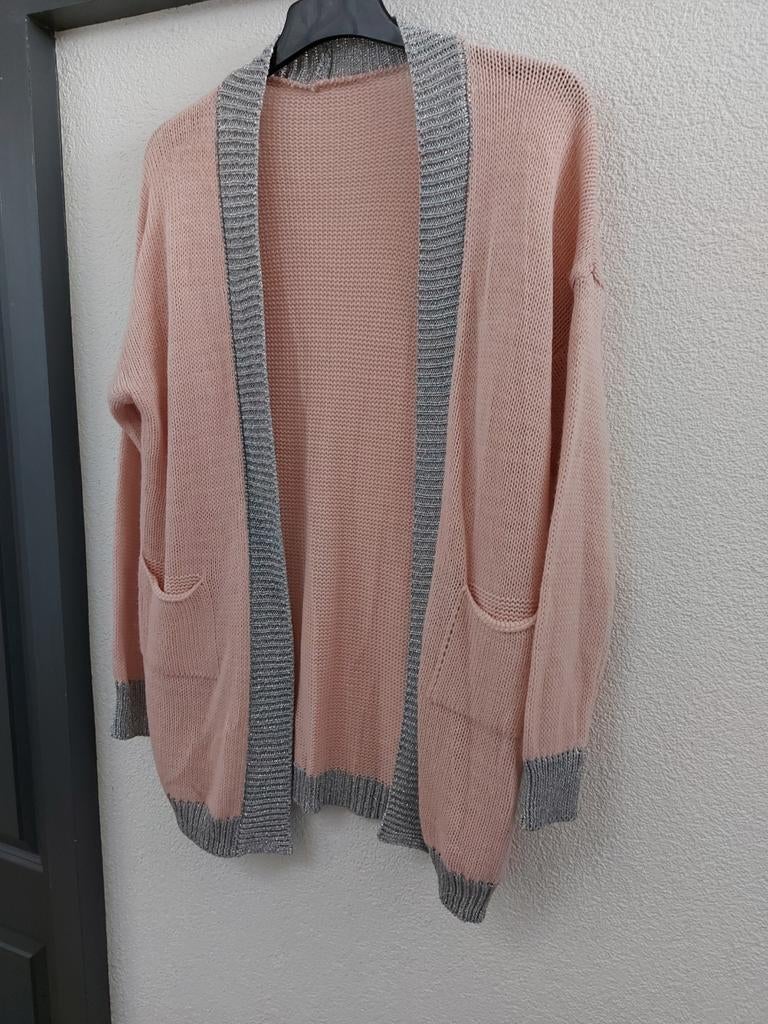 Roze vest met grijze details - Maat L, Ophalen of Verzenden