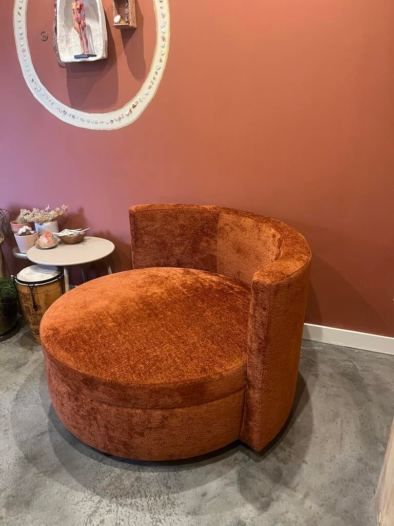 Comfortabele ronde fauteuil - Terracotta stof, Ophalen, Zo goed als nieuw, Stof, 100 tot 125 cm