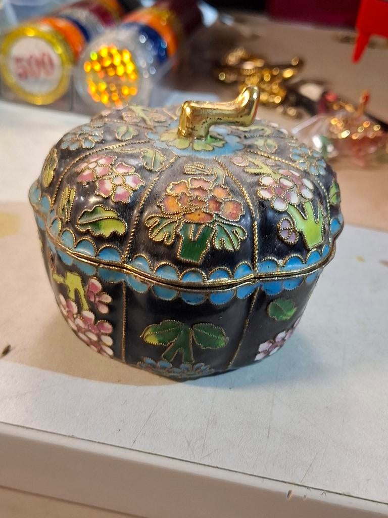 Vintage Cloisonné Pompoen Doosje - Handgemaakt Emaille, Ophalen of Verzenden