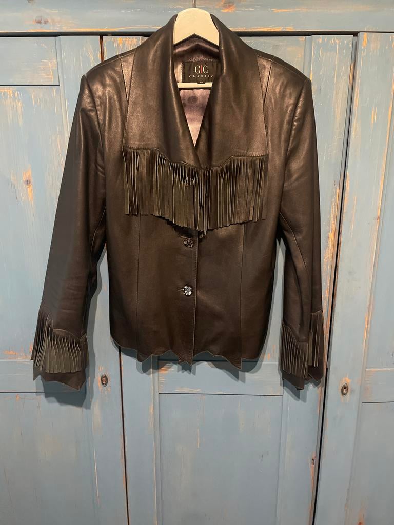 Zwart leren jasje met franjes, Kleding | Dames, Ophalen of Verzenden, Gedragen, Maat 42/44 (L), Zwart
