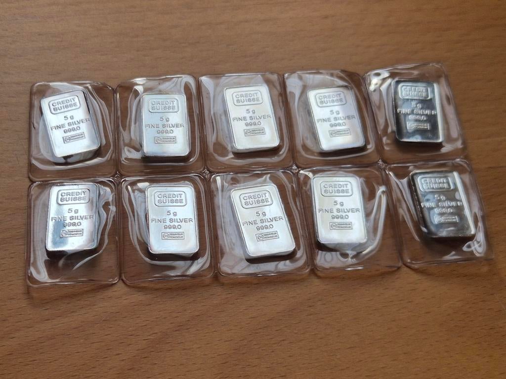 Credit Suisse 10 x 5 gram zilverbaar. 50 gram vintage silver, Postzegels en Munten, Edelmetalen en Baren, Ophalen of Verzenden