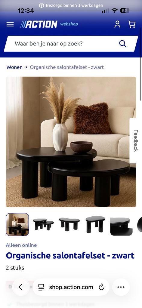 OP ZOEK NAAR Action Organische Salontafelset Zwart - 2 stuks, Huis en Inrichting, Overige materialen, 50 tot 100 cm, Ophalen of Verzenden