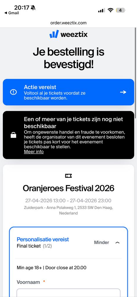 1 Oranjeroes ticket, Tickets en Kaartjes, Evenementen en Festivals, Eén persoon