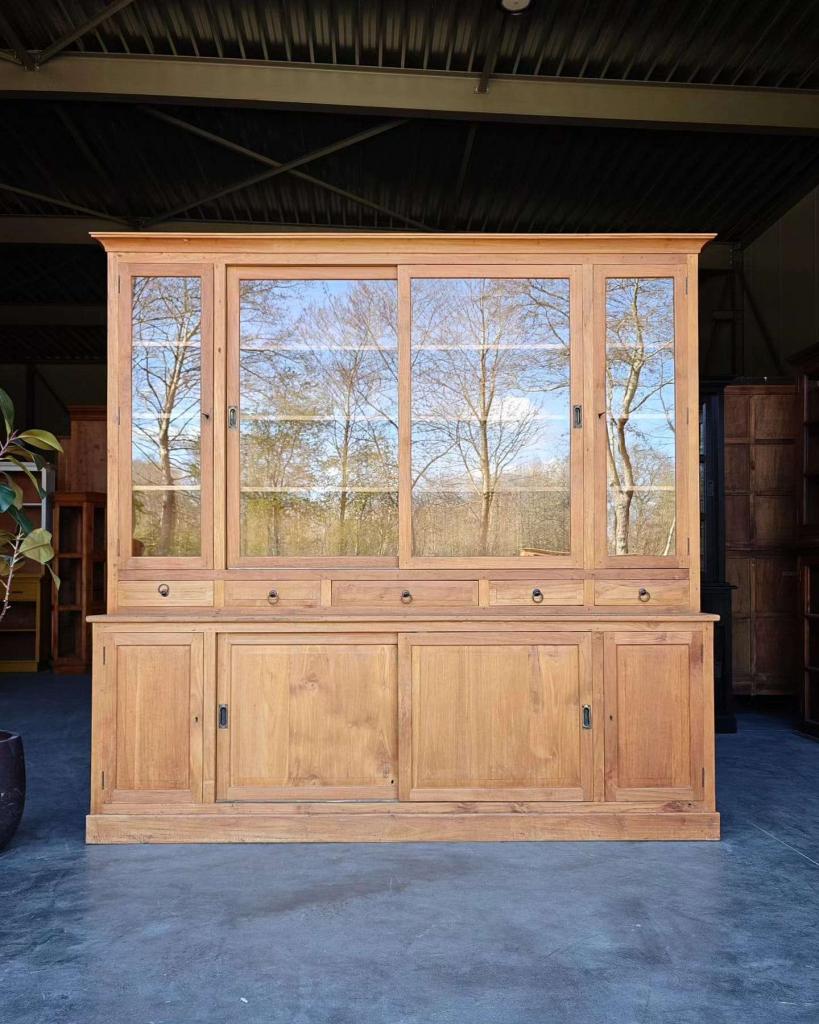 Grote winkelkast | Brede winkelvitrine teakhout #9423, Antiek en Kunst, Ophalen of Verzenden