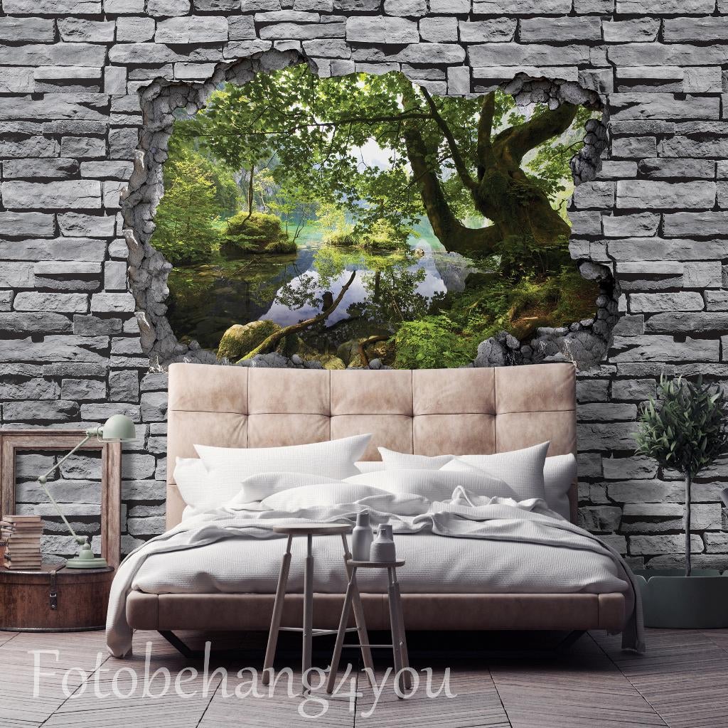 Stenen muur fotobehang 3D Boszicht, 3D, Fotobehang4you, Verzenden, Minder dan 10 m², Stenen muur, boszicht, 3D