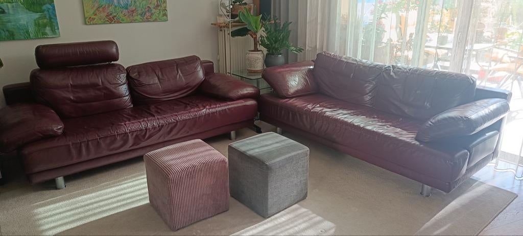 Twee bordeauxrode leren Rolf Benz banken, 210 breed, Ophalen, Gebruikt, Driepersoons, Rechte bank