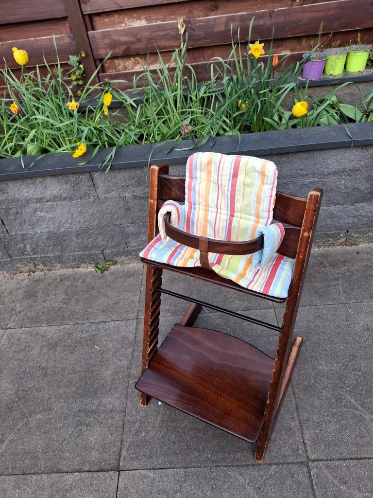 Stokke Tripp Trapp stoel, met houten beugel, leertje, kussen, Kinderen en Baby's, Kinderstoelen, Ophalen of Verzenden, Gebruikt