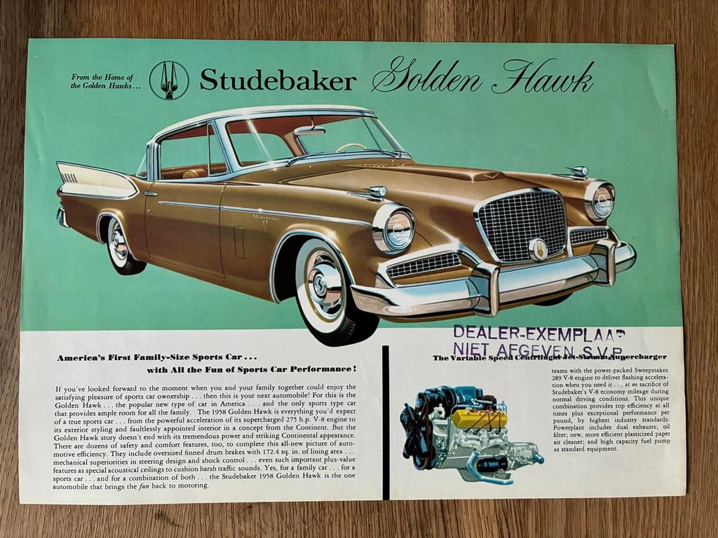 Studebaker Golden Hawk brochure sheet, Ophalen of Verzenden, Gelezen, Overige merken