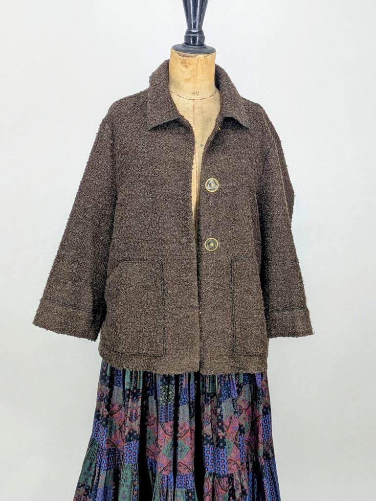 Bruine bouclé jas met grote drukknopen, Bianca, Bruin, Maat 46/48 (XL) of groter, Onbekend