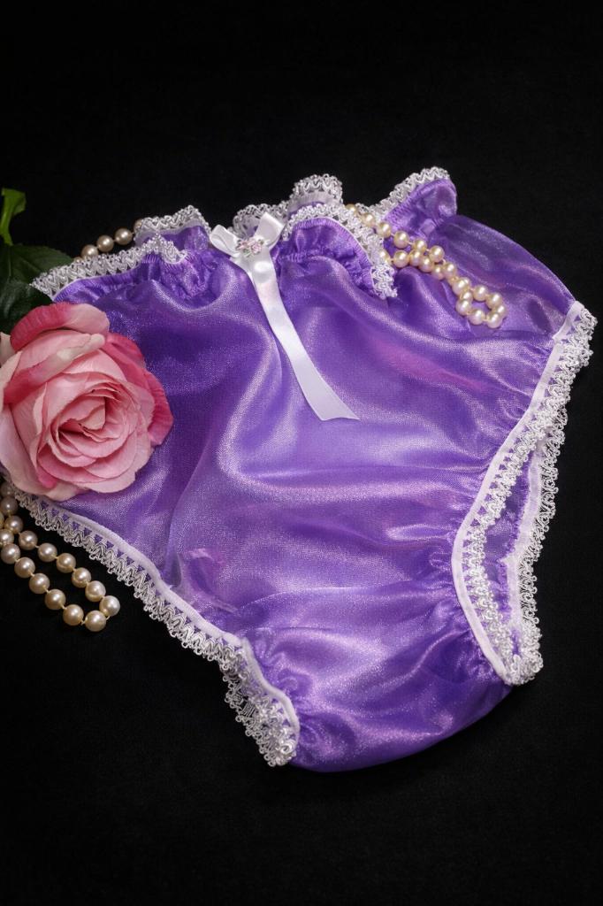 Luxury Purple Satin Panties – Glossy Lace Trim Lingerie, Handmade, Verzenden, Paars, Slip