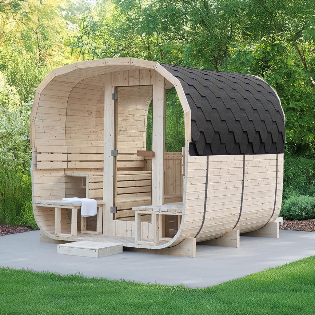 🌿 Luxe Barrel Sauna met Panorama Glaswand (4–6 pers.)
