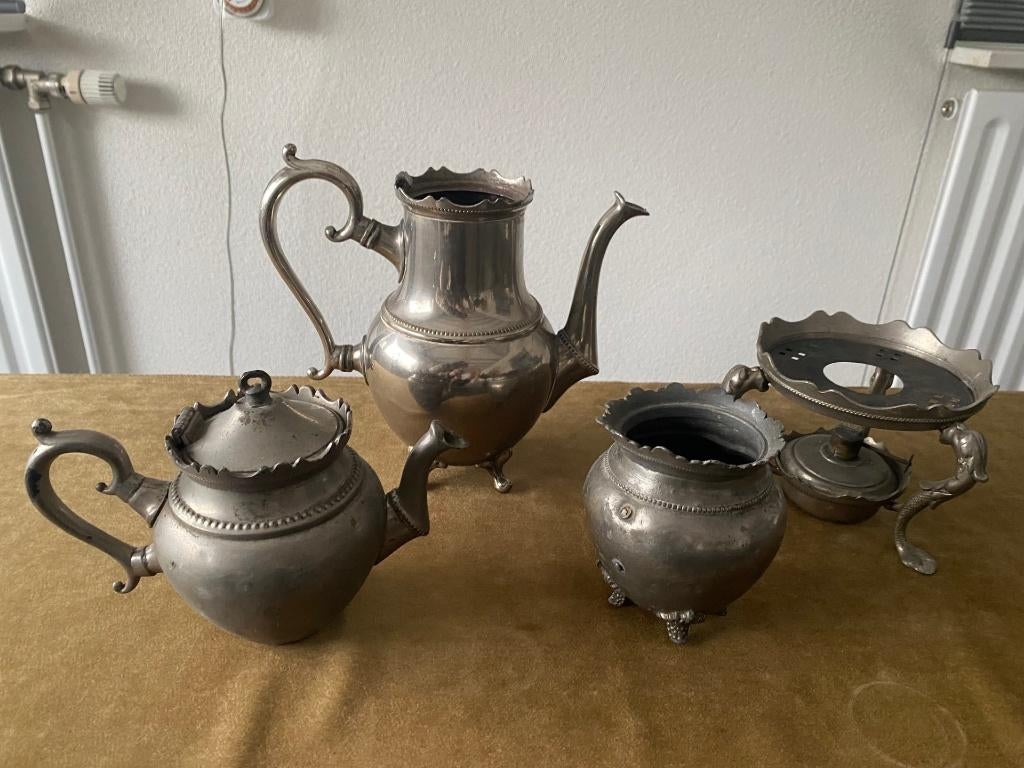 Antiek 4-delig Tinnen Koffie- theeservies, Ophalen of Verzenden