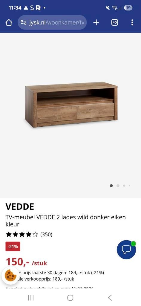 VEDDE TV Meubel , nieuw in doos- Stijlvol en praktisch!., 100 tot 150 cm, Eikenhout, Ophalen of Verzenden, Zo goed als nieuw