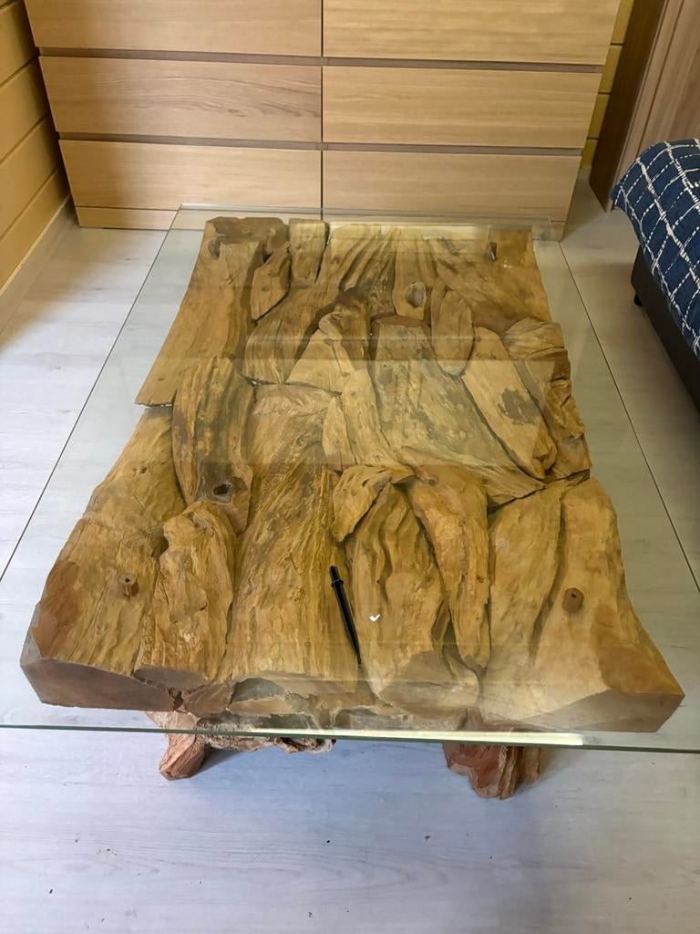 Unieke Drijfhouten Tafel met Glasplaat, Huis en Inrichting, Tafels | Salontafels, Ophalen, Gebruikt, 100 tot 150 cm, Minder dan 50 cm