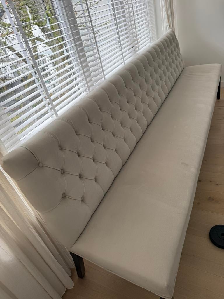 Luxe cremekleurige gecapitonneerde eetkamerbank 281,5 lang, Ophalen, Gebruikt, Overige kleuren, Stof