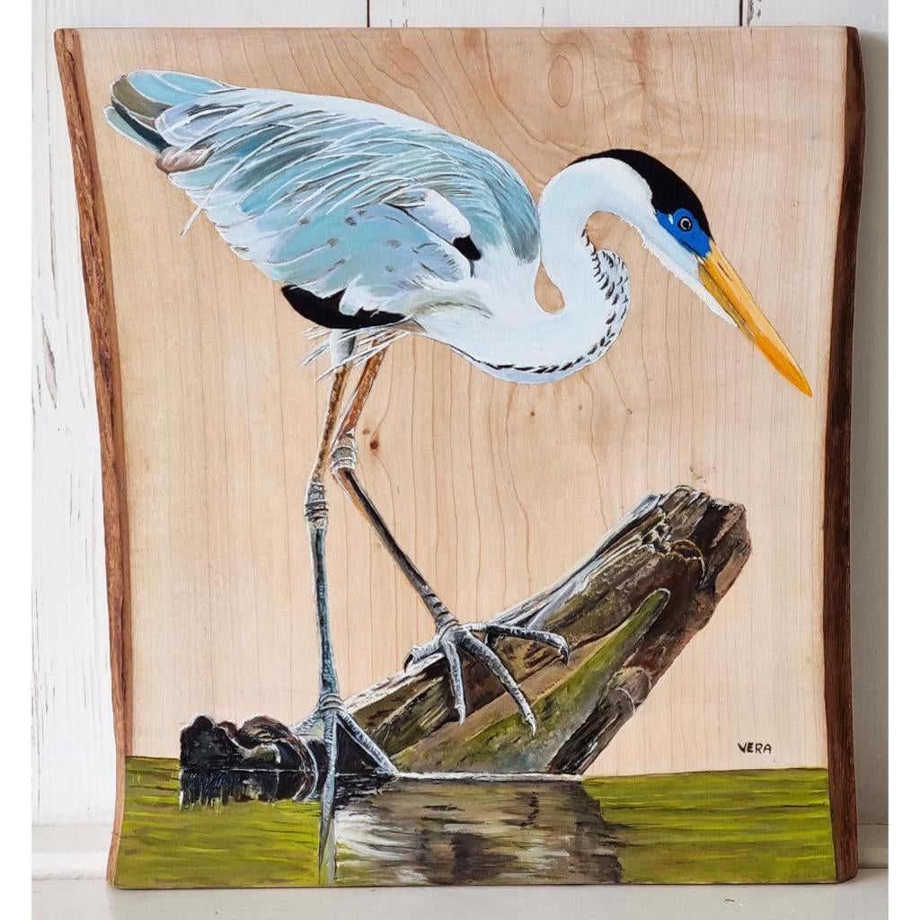 Schilderij blauwe reiger op hout voor huis of tuin, Ophalen of Verzenden