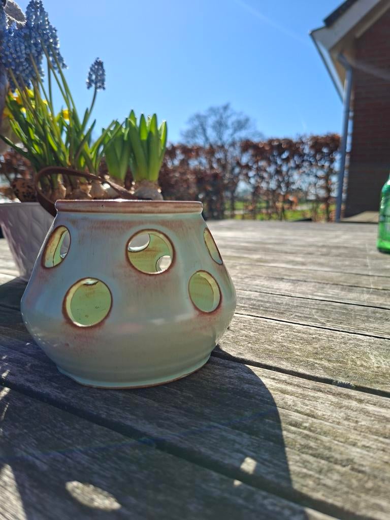 Leuk mintgroen vaasje waxinelichthouder met bruine randjes, Ophalen of Verzenden