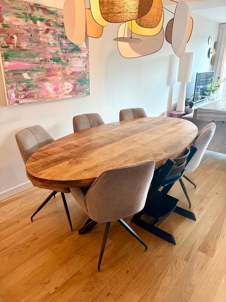 Mangohouten eettafel ovaal 220, Huis en Inrichting, Ophalen, Gebruikt, Vijf personen of meer, 200 cm of meer