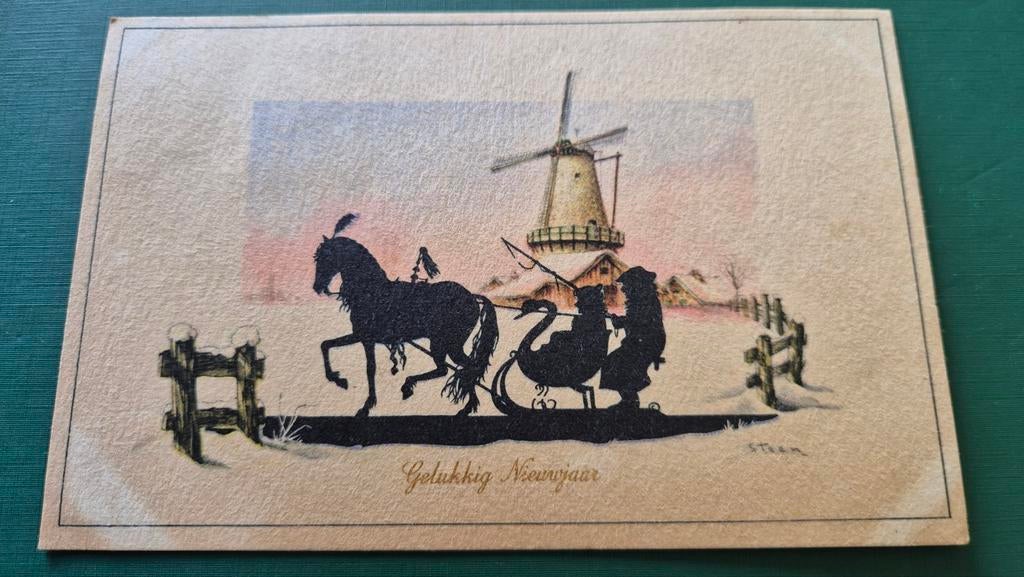 Kaart silhouet slee met paard molen ontw. Steen, Ophalen of Verzenden, Gelopen, Overige thema's