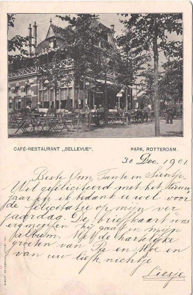 Rotterdam, Park, Café-Restaurant Bellevue, Volk, gel. 1901, Ophalen of Verzenden, Voor 1920, Gelopen, Zuid-Holland