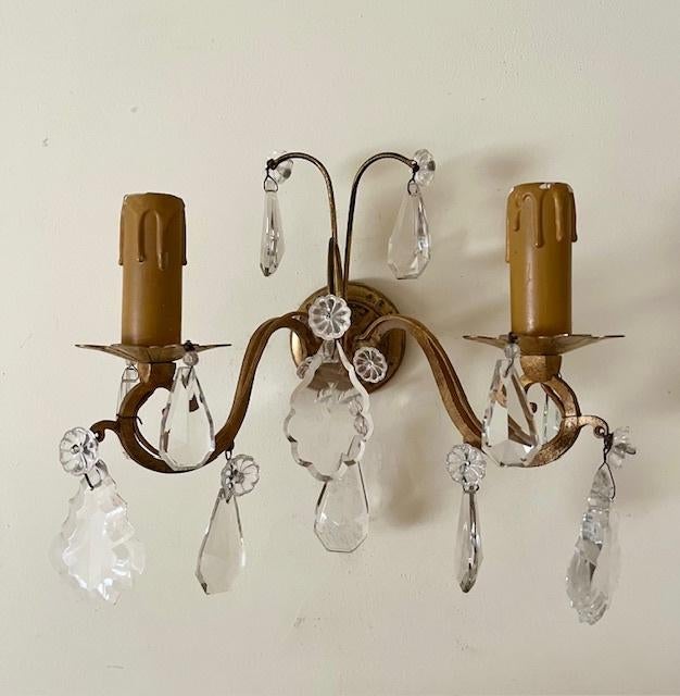 Set antieke Franse wandlampen met kristalglazen pegels, Ophalen of Verzenden