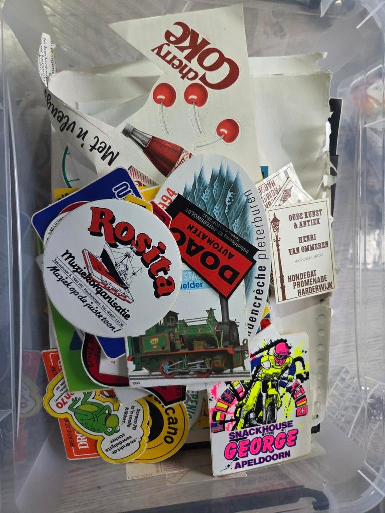 Doos vol met retro stickers - oude reclame stickers, Ophalen of Verzenden