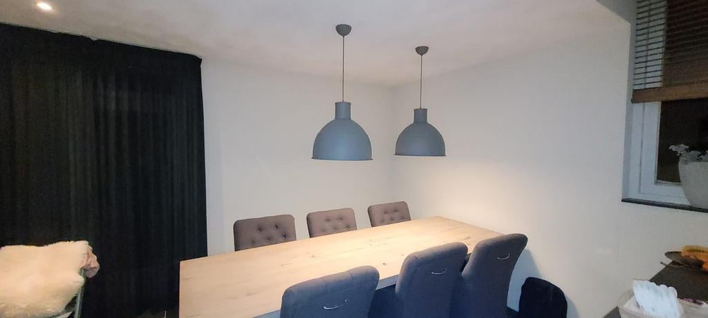 Set van 2 industriële hanglampen Grijs, Huis en Inrichting, Lampen | Hanglampen, Gebruikt, 50 tot 75 cm, Ophalen of Verzenden