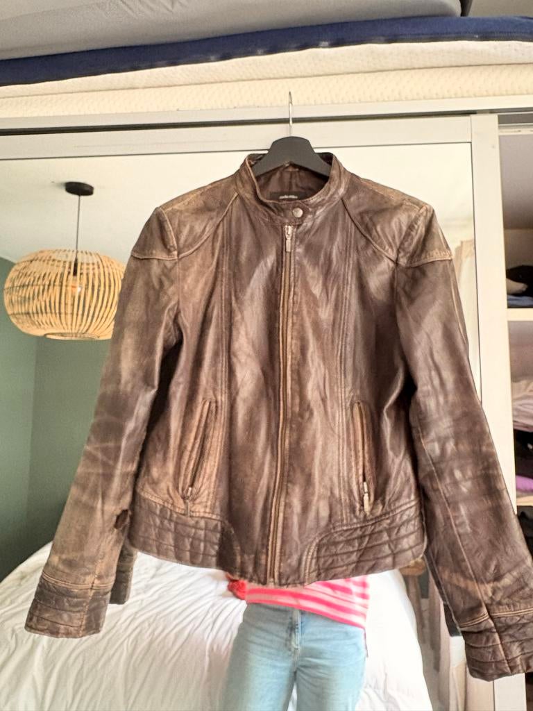 Bruin leren jack, maat 38 - Claudia Sträter, Kleding | Dames, Jassen | Zomer, Gedragen, Maat 38/40 (M), Bruin, Ophalen of Verzenden
