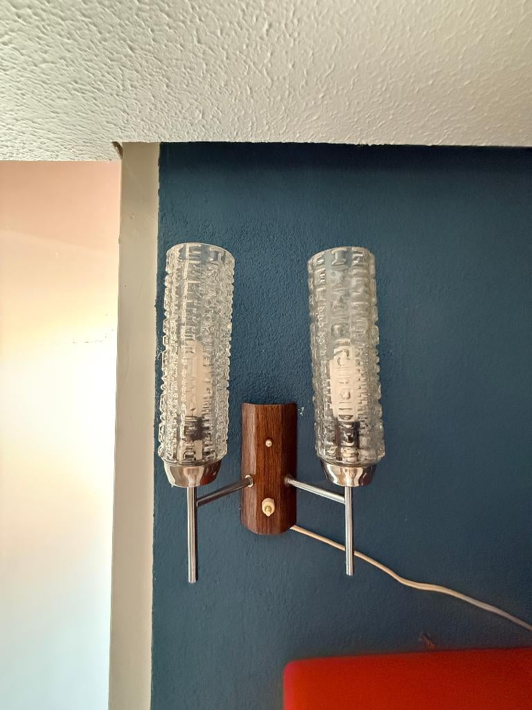 Vintage Wandlamp met IJsglas – Dubbele Cilinderkappen, Ophalen, Zo goed als nieuw, Glas, Vintage