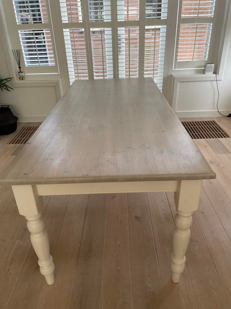 Houten eettafel landelijk wit onderstel, Huis en Inrichting, Tafels | Eettafels, Ophalen, Gebruikt, Eikenhout, 200 cm of meer