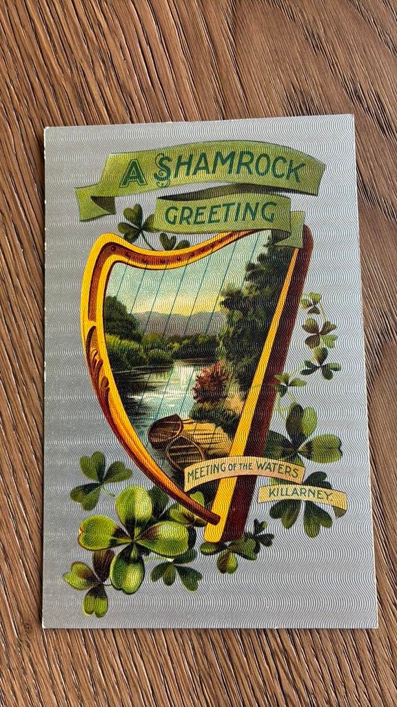 Iers.2 kaarten.shamrock greeting.Harp,landelijk,water,klaver, Verzamelen, Ophalen of Verzenden, Voor 1920, Ongelopen